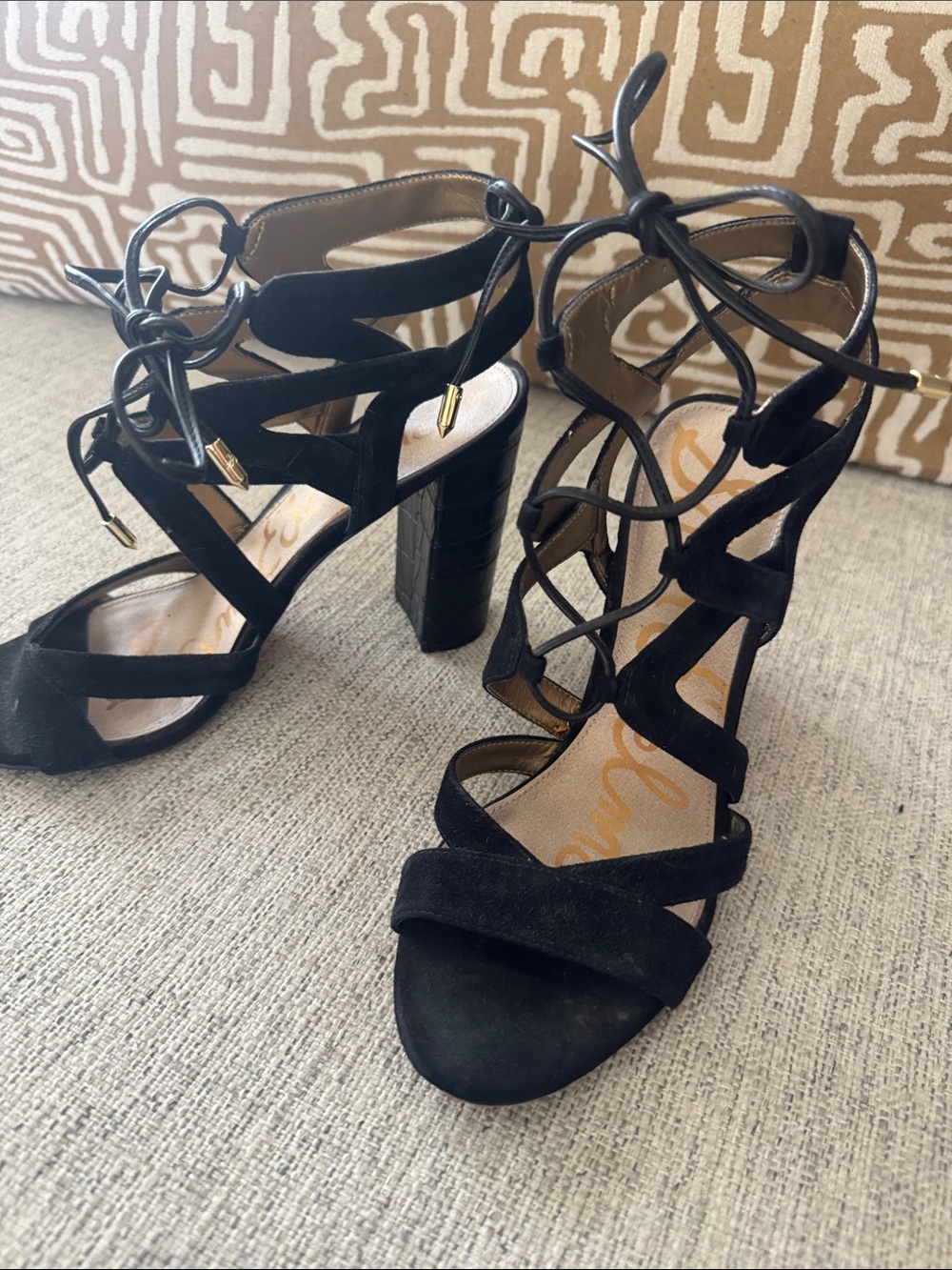 Sam Edelman Black Suede Lace-Up Block Heel Sandals